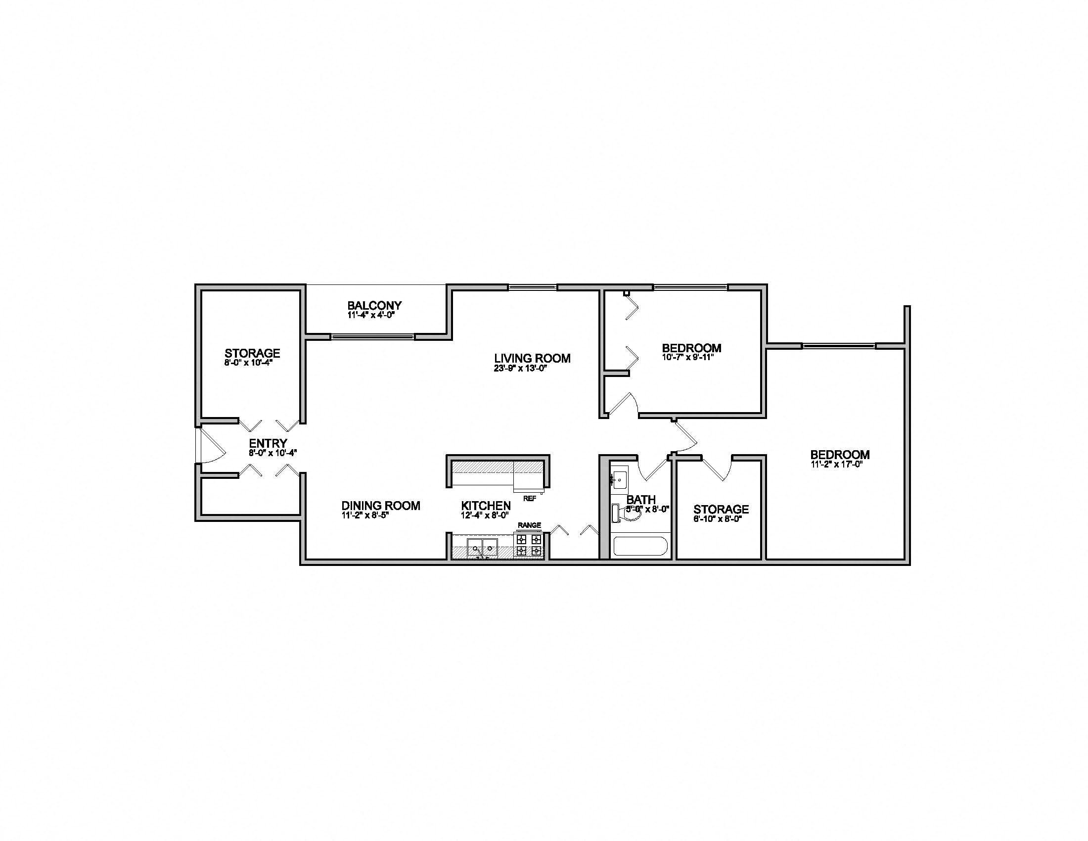 Floor plan for 2 beds, 1 bath, 1120 sqft